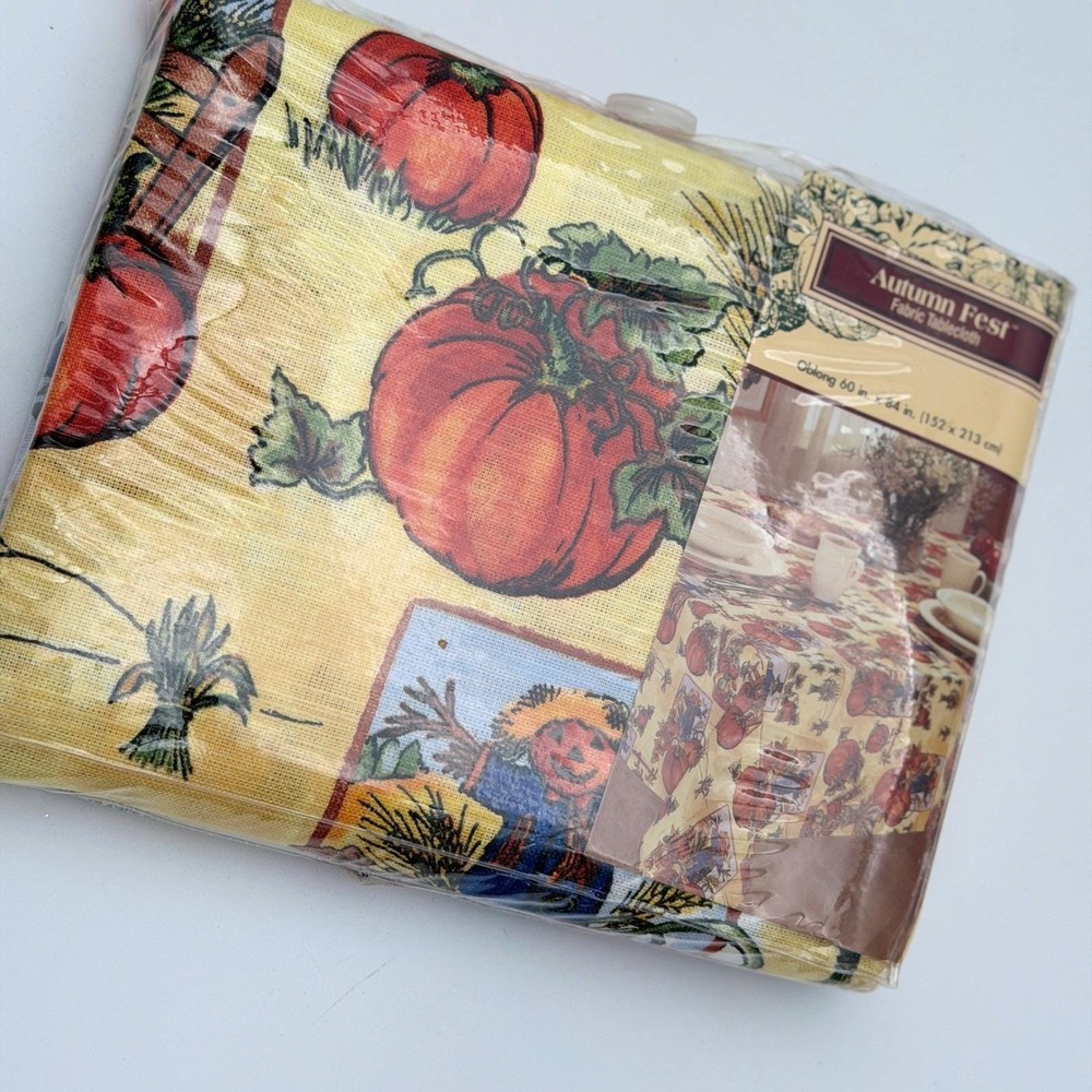 Autumn Fest Pumpkin Meadow Fabric Tablecloth 60 x 84 Oblong 100% Cotton Fall NOS